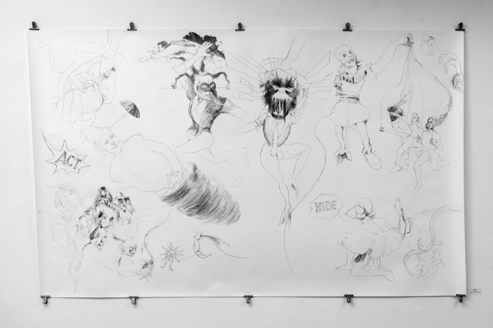 Ulla Reiter, DICKICHT / 2024-25, Graphitstift und pulver auf Papier, 145 x 230 cm.